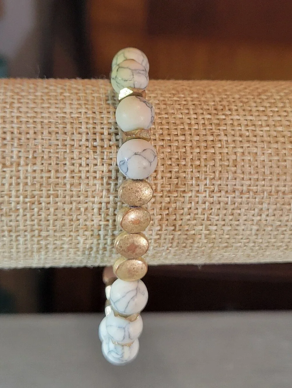 Handmade White Howlite Beaded Stretch Bracelet w Gold Accents One Size Fits Most